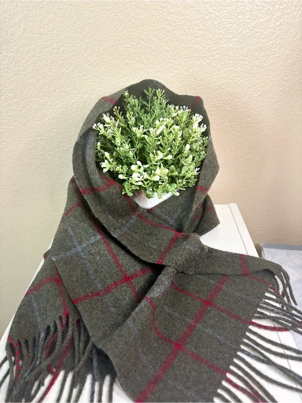 John Hanly Ireland Wool Cashmere Plaid Fringe Scarf Green Tartan Unisex